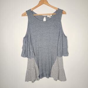 Umgee Blue Striped Cold Shoulder Ruffle Top Women's Small